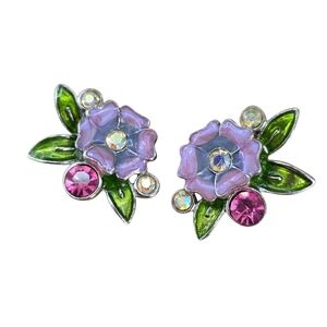 Vintage Rhinestone Flower Enameled Pierced Earrings- Spring Easter Mother's Day